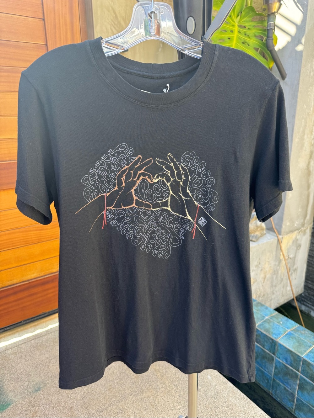 Black Graphic Betty Heart Hands Tee with Peace